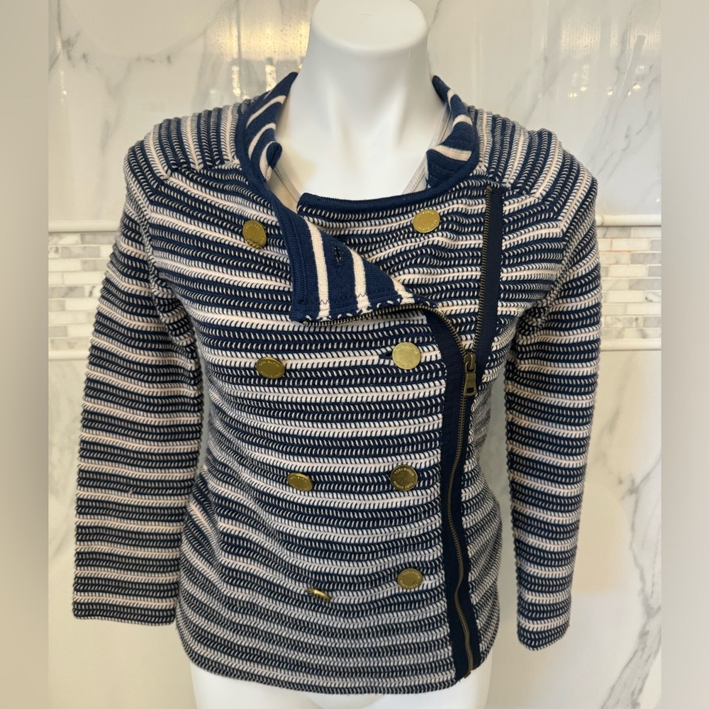 Tory Burch Merino Wool Cardigan / Blazer (Navy & Cream stripes)